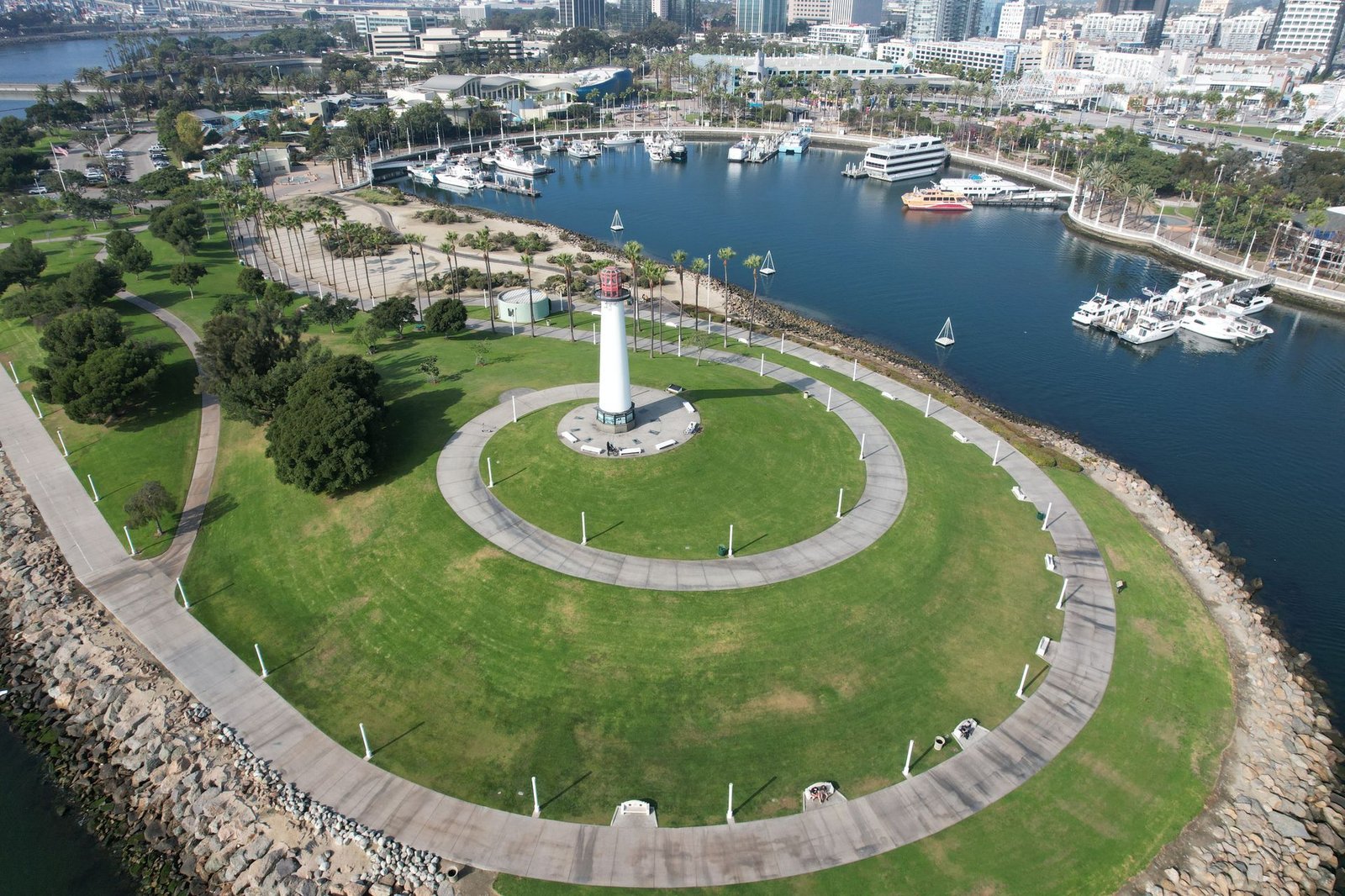 Aerial view of Lion Lighthouse at Shoreline Aquatic Park in Long Beach; illustrative, not The 101 site.