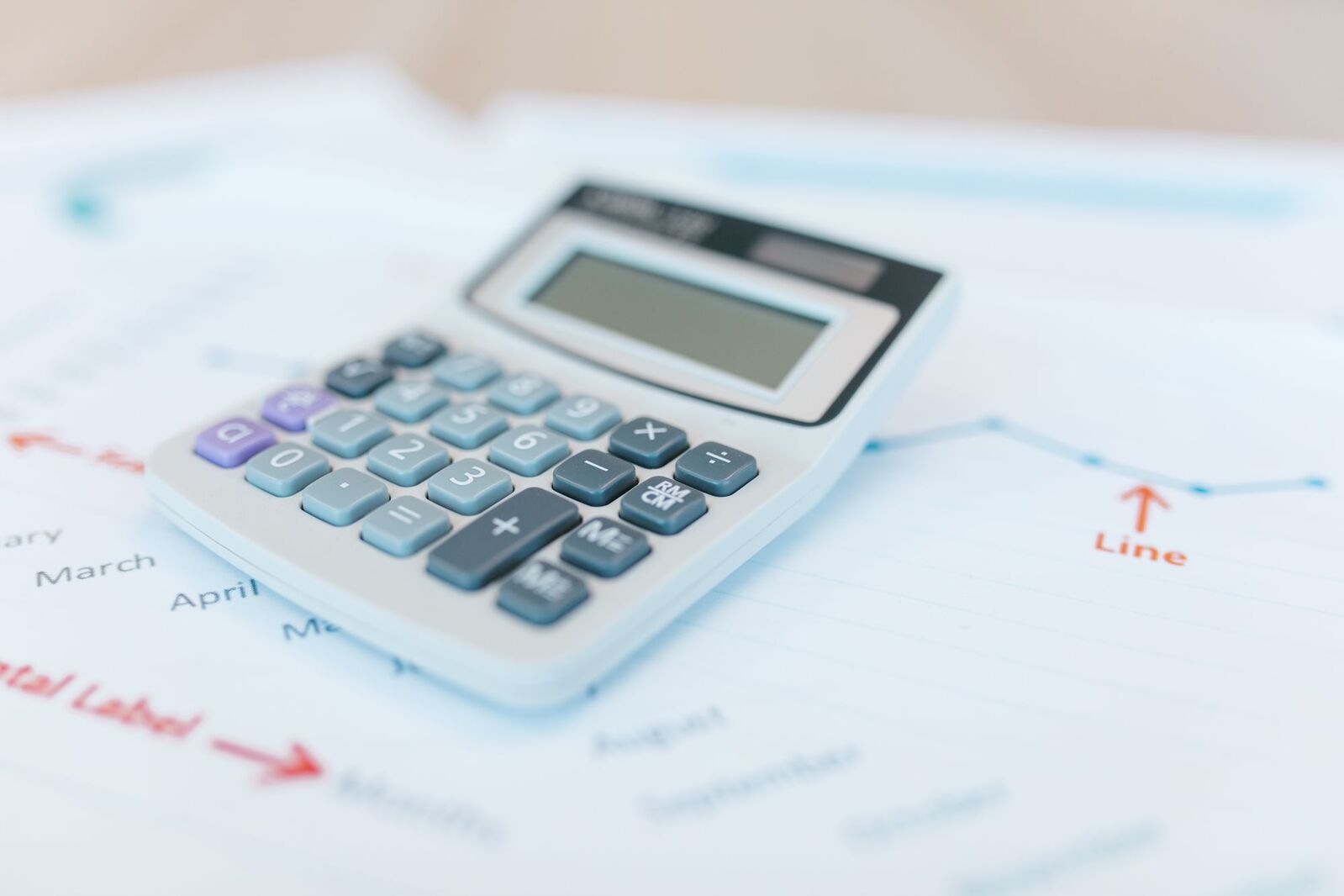 Calculator on financial documents and graphs for California commercial CAM reconciliation.