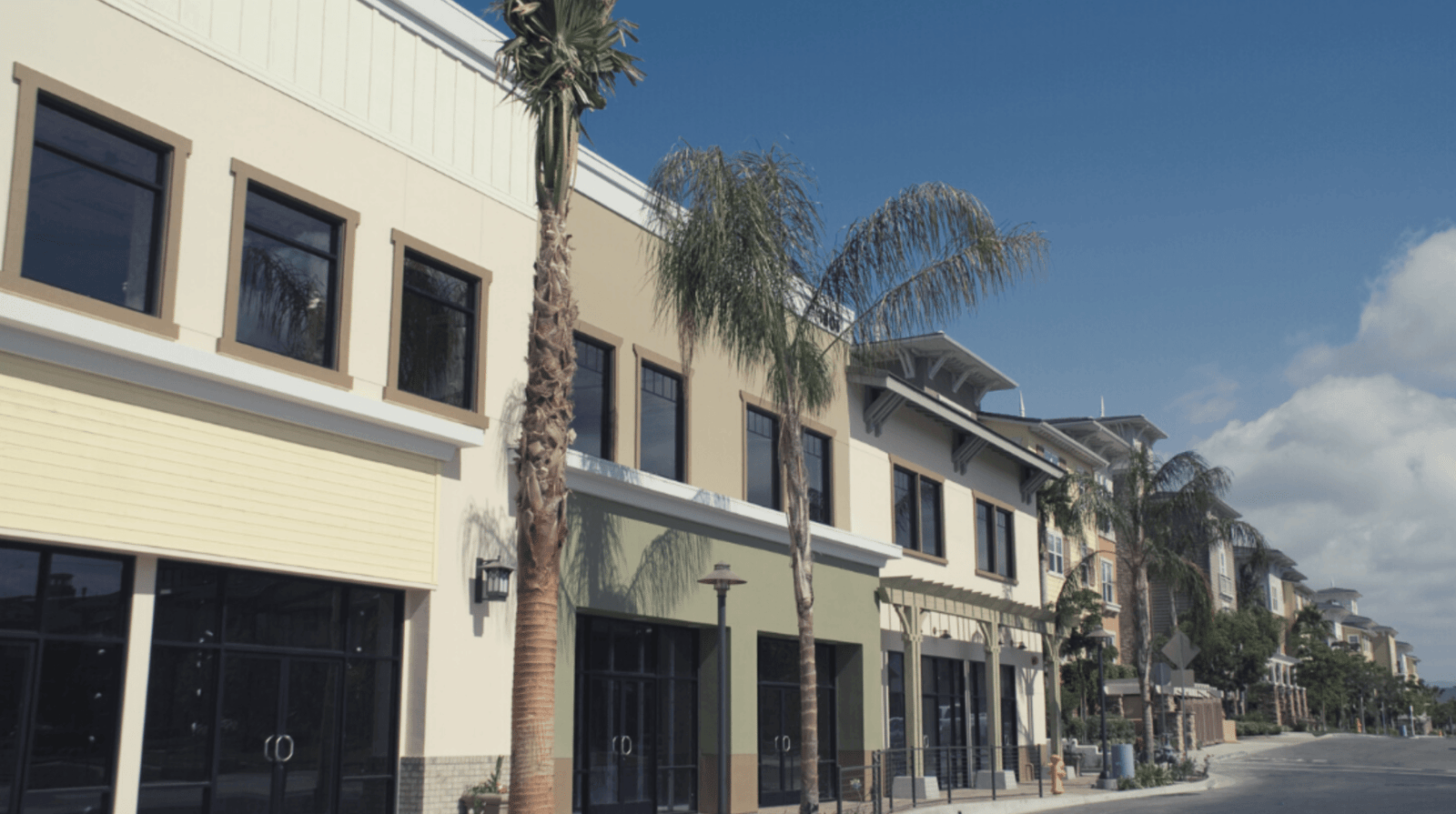 Commercial storefronts and palm trees along a street.