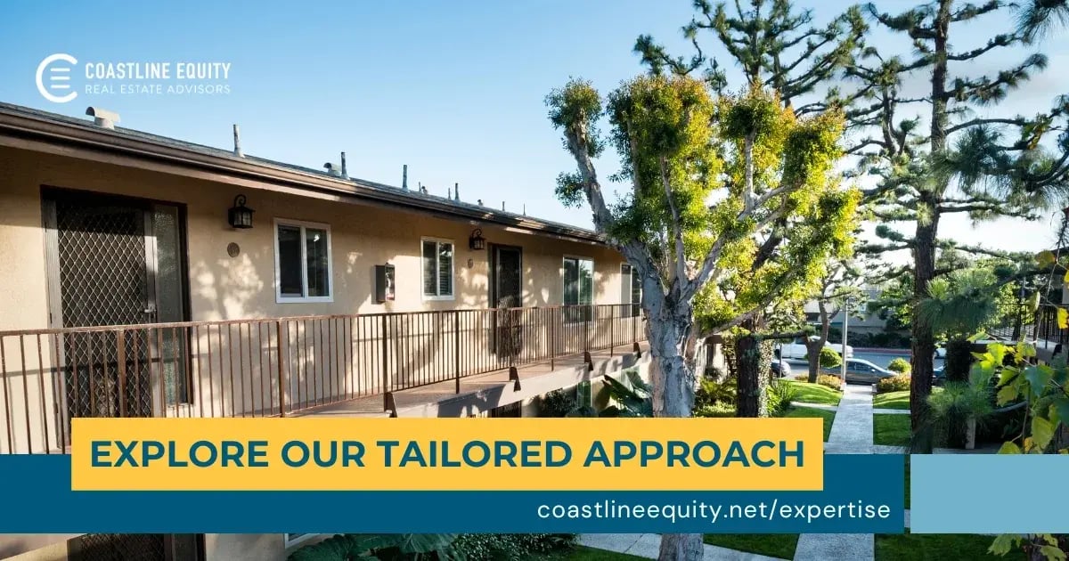 Coastline Equity graphic: Explore our tailored approach, coastlineequity.net/expertise, over an apartment walkway.