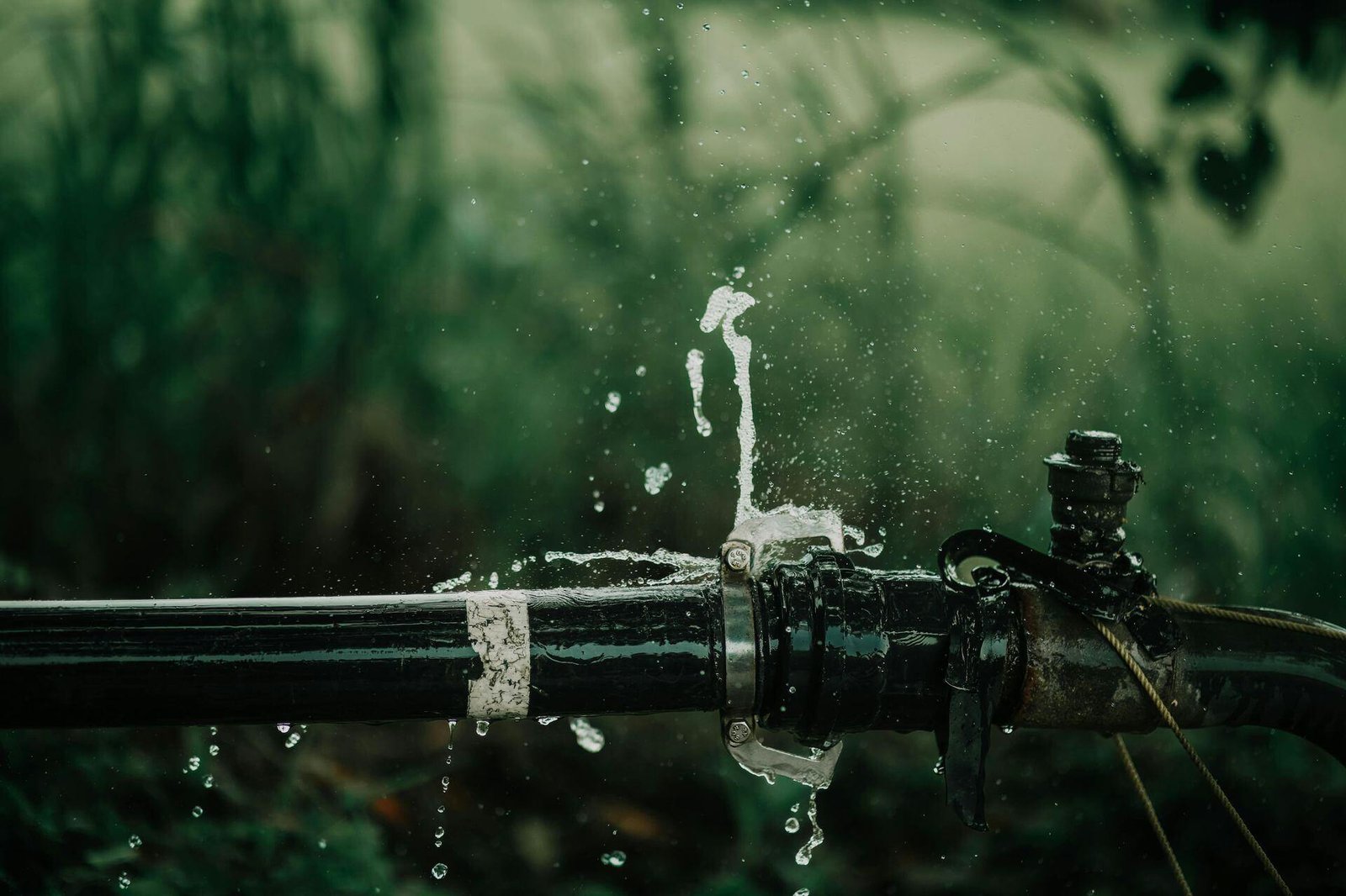 Water spraying from a leaking outdoor pipe connection.