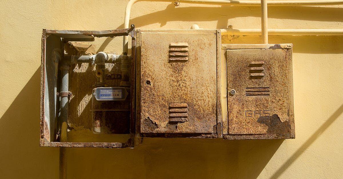 Rusty utility meter boxes mounted on an exterior wall, with one box open.