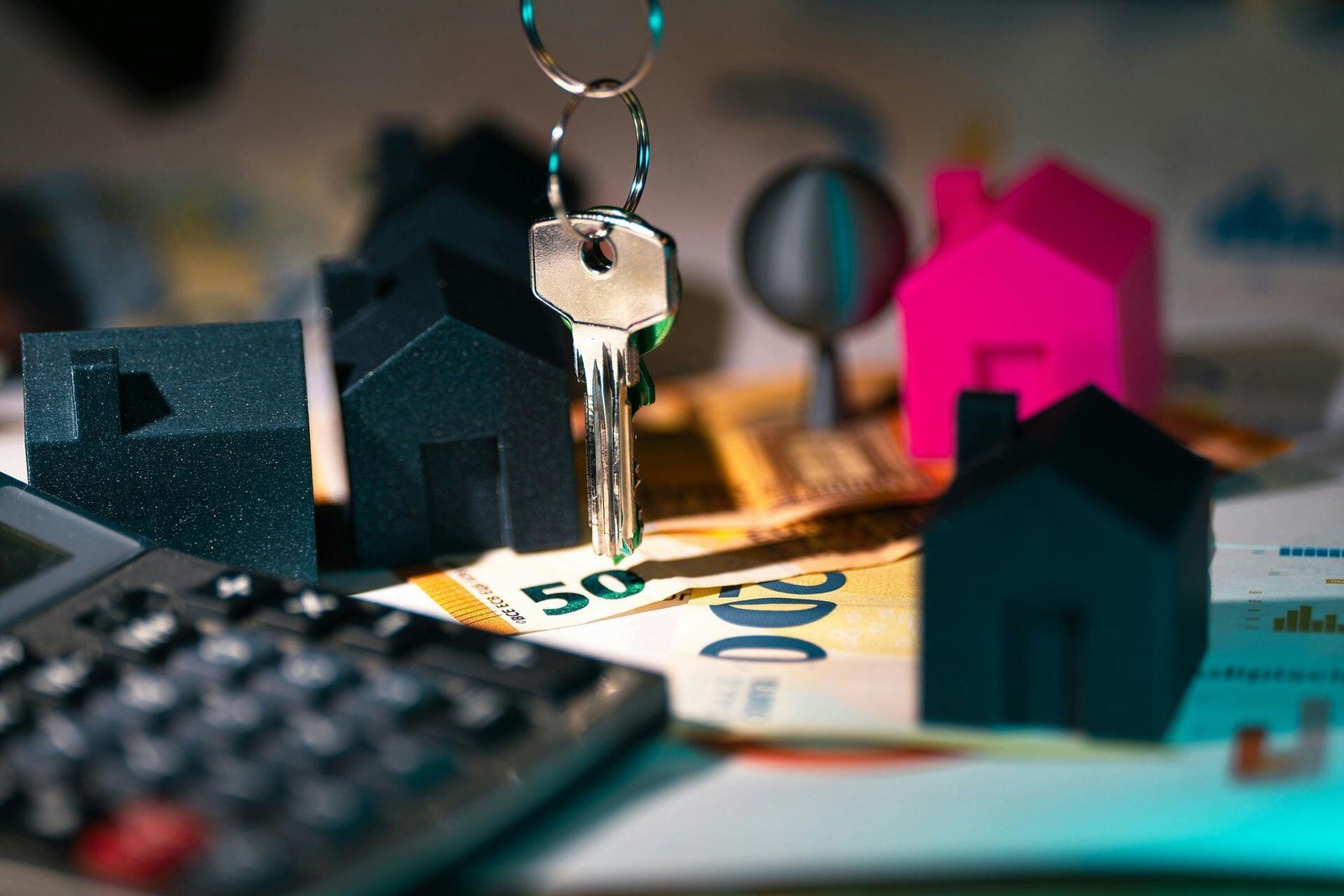 A hanging key above banknotes, small model houses, and a calculator.