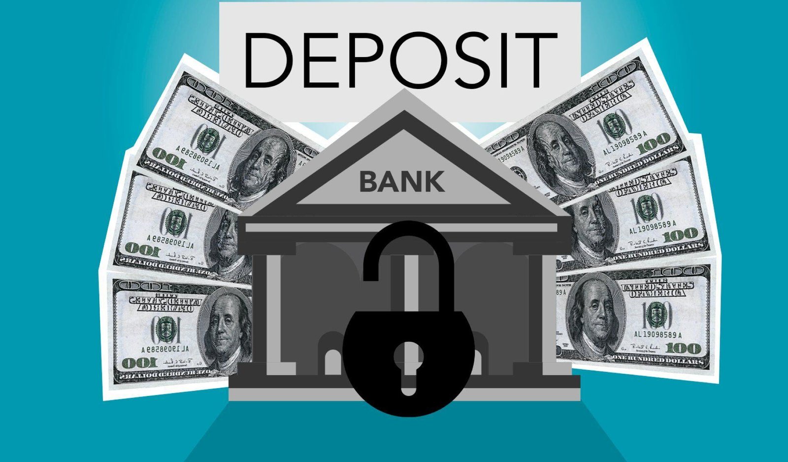 Graphic showing the word Deposit above a bank illustration, U.S. dollar banknotes, and a padlock.