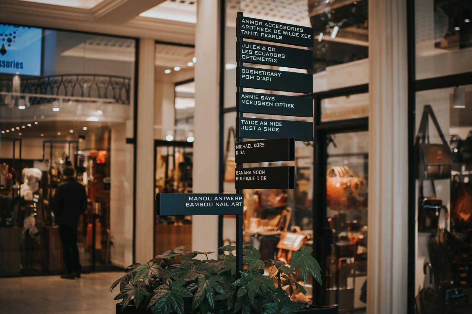 A directory sign listing shops stands in front of storefront windows.