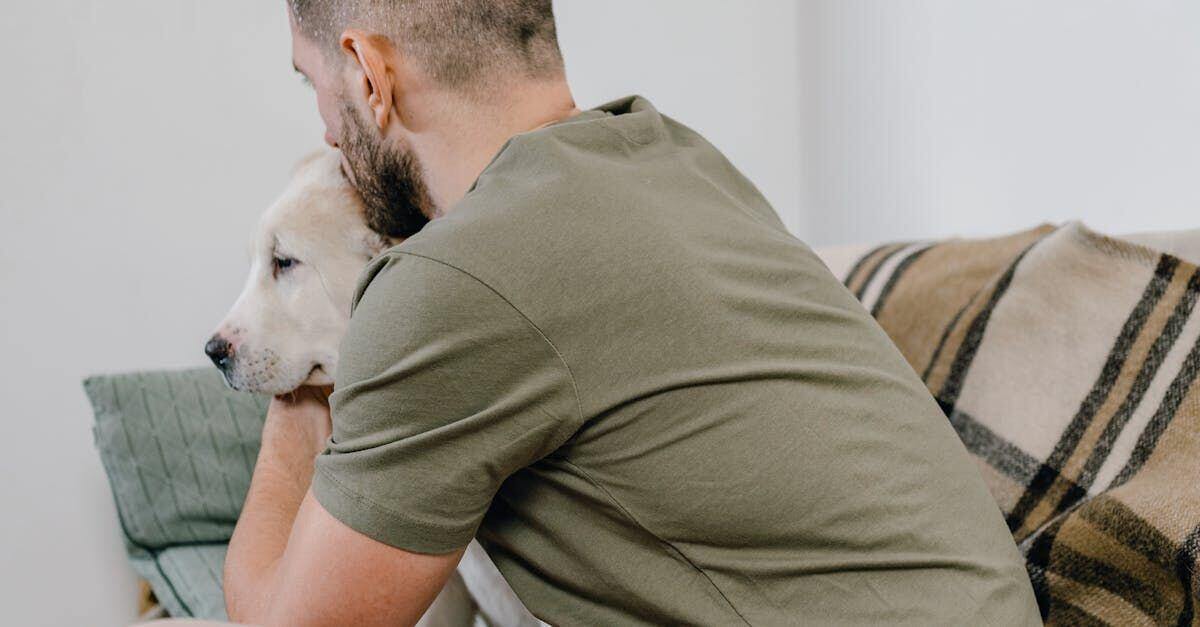 Person holding a dog while seated on a couch