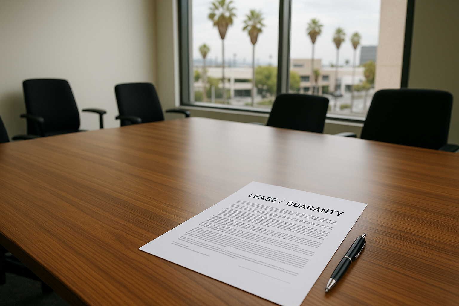 California commercial conference table with a document titled “Commercial Lease Guaranty – California” and city skyline in the background.