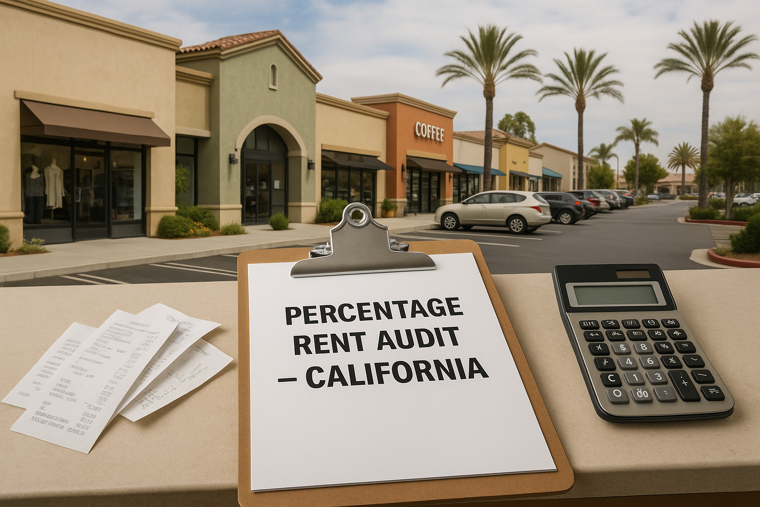 Southern California neighborhood retail center with storefronts and a clipboard labeled “Percentage Rent Audit – California,” sales receipts and a calculator on a counter.