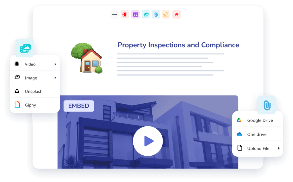 Whale documentation interface illustration with a Property Inspections and Compliance heading and menus for embedding media and files.
