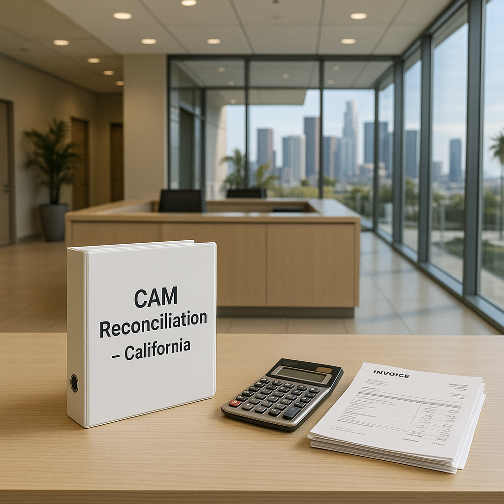 Southern California commercial lobby desk with a binder labeled CAM Reconciliation California, a calculator, and invoices. Skyline through glass. No people.