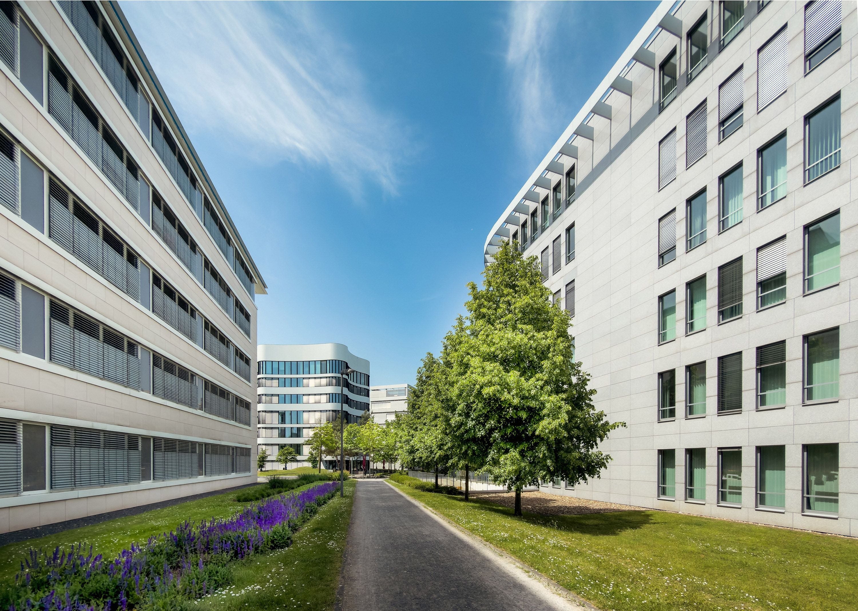 Modern commercial office buildings with landscaped grounds and a clear blue sky
